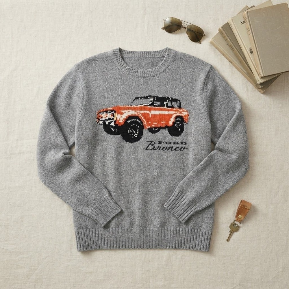 Lucky Brand Sweater Mens XXL Grey Ford Bronco Graphic Knit Pullover Retro New